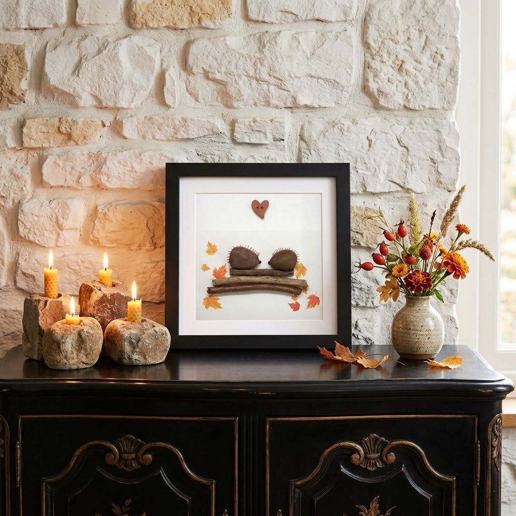 A framed autumn-themed art print sits on a dark wooden console table against a rustic stone wall. The print features a small red heart, hedgehogs, and fall leaves on a white background.