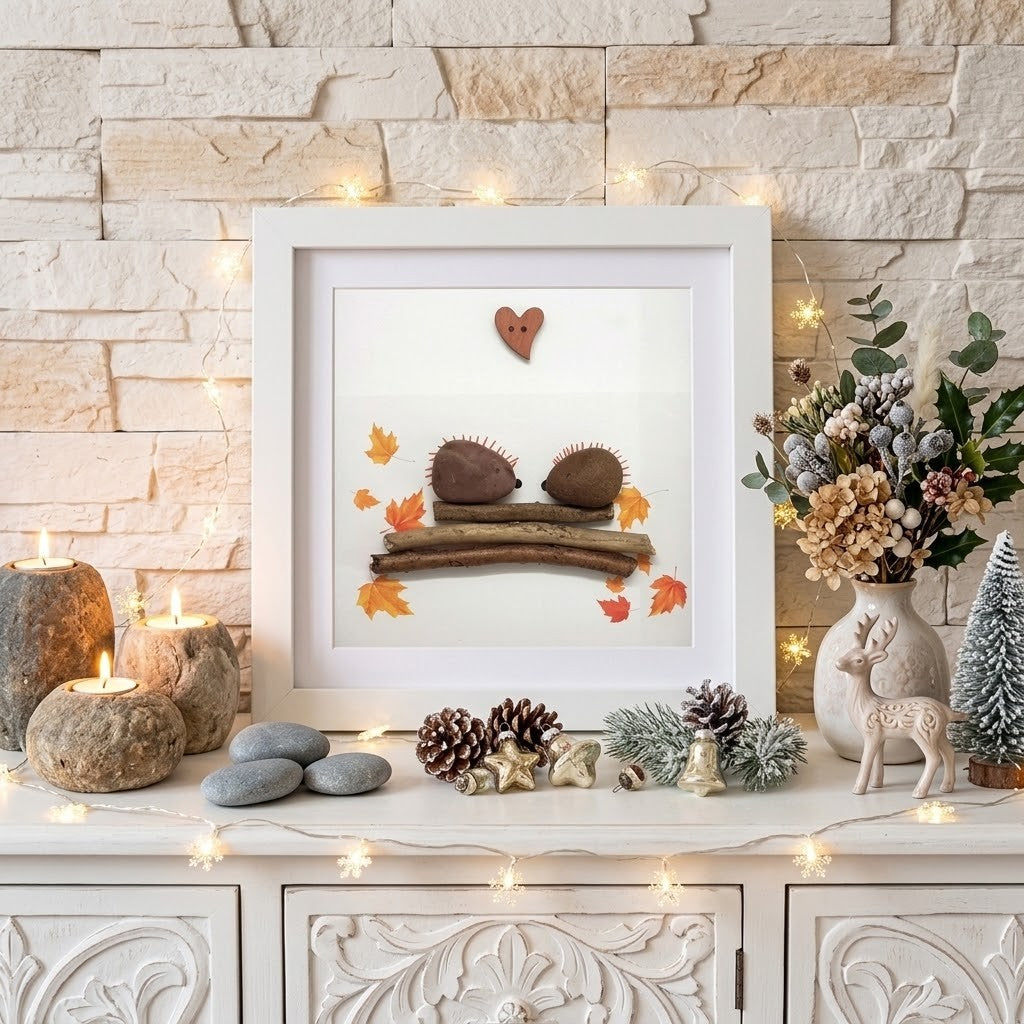 A framed autumn-themed hedgehog pebble art frame displayed on a white wooden cabinet against a light stone brick wall, surrounded by cosy fall decor including candles, pinecones, small trees, and dried flowers.