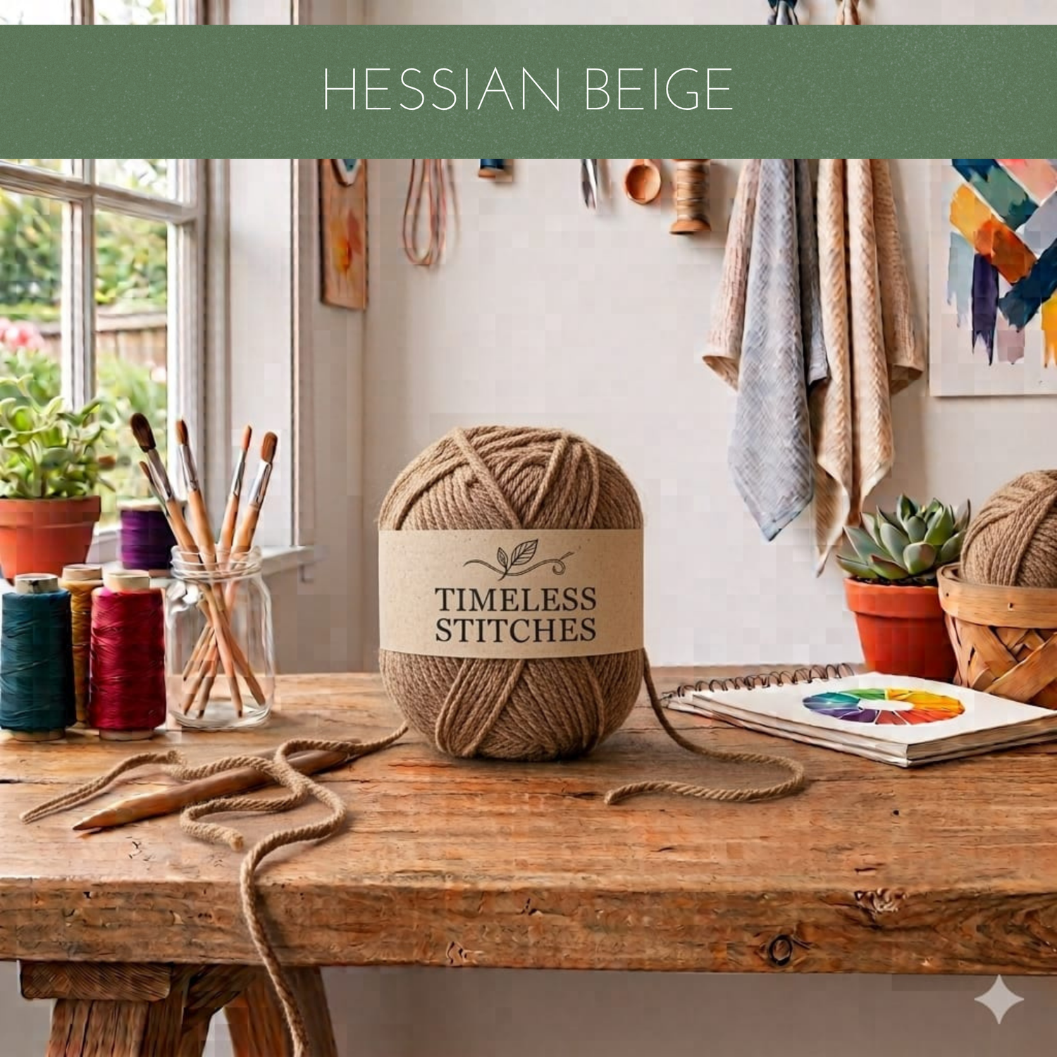 A ball of beige yarn sits on a rustic wooden table in a cosy craft room setting, with a paper label reading 'TIMELESS STITCHES' and a green banner at the top reading 'HESSIAN BEIGE'.