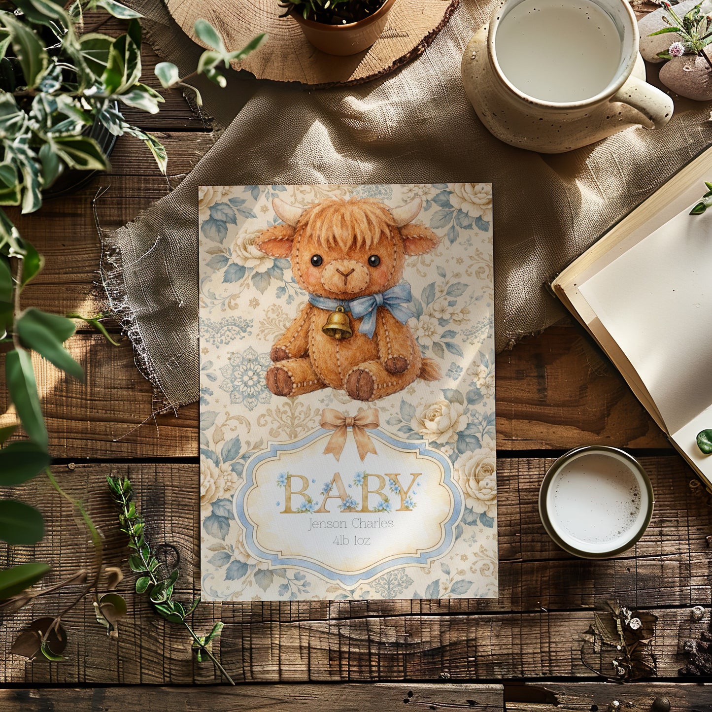 Personalised highland cow card lay flat on a rustic table with greenery, a cup of drink and a notepad.