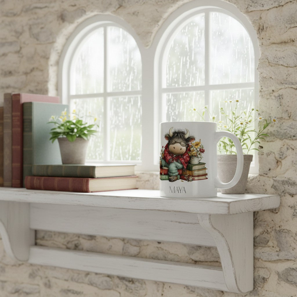 Mug with a highland cow character design on a white surface with books and plants in the background.