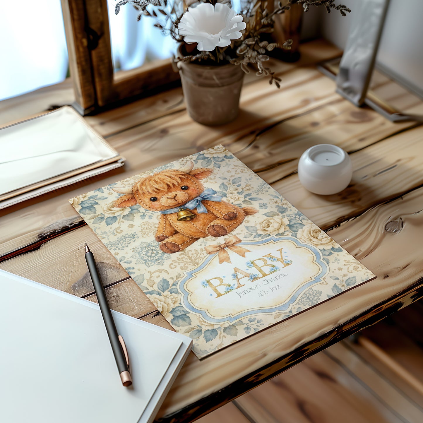 Vintage-style baby card with a  highland cow illustration on a wooden desk.