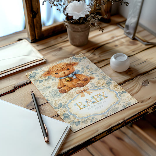 Vintage-style baby card with a highland cow illustration on a wooden desk.