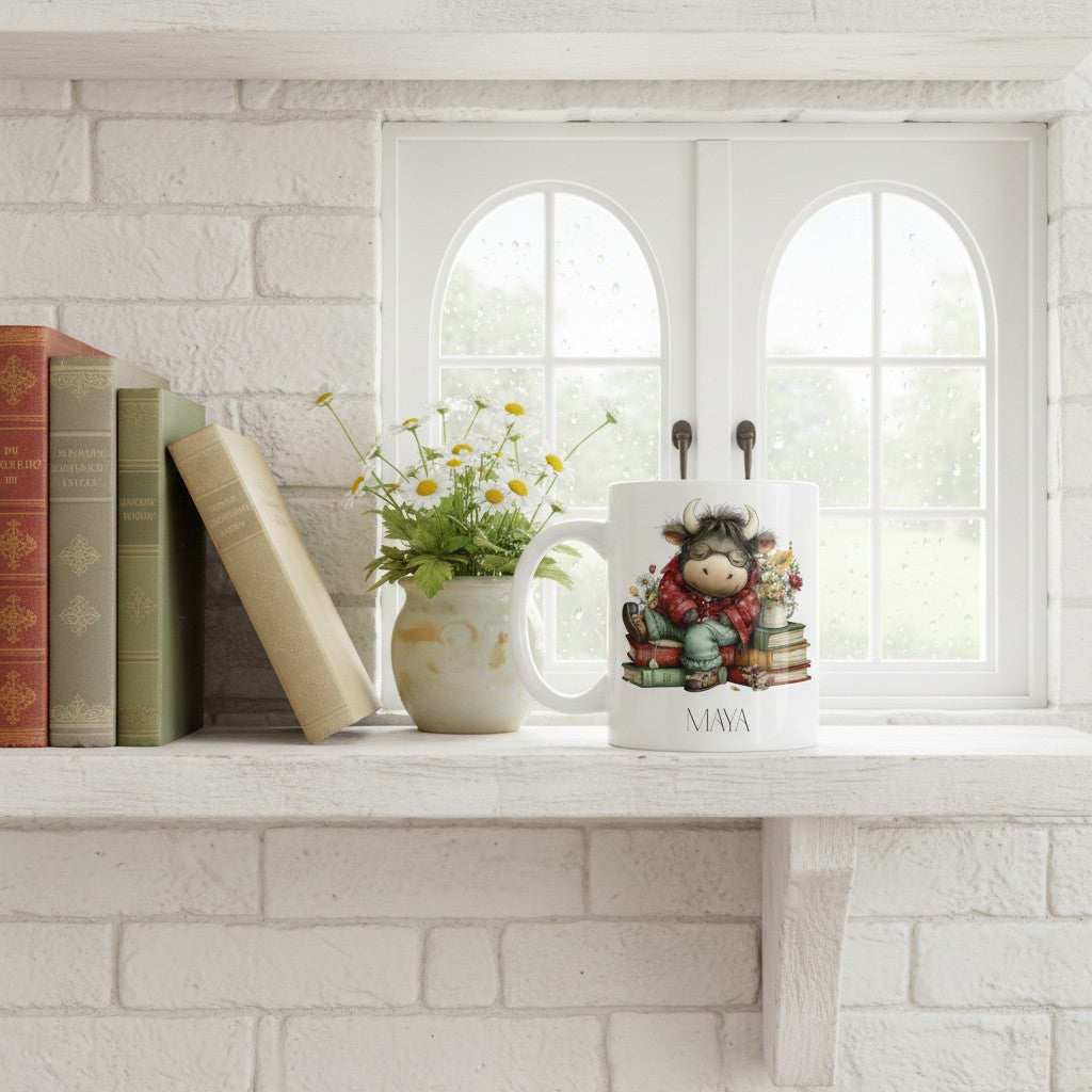 Decorative shelf with books, a vase of flowers, and a highland cow mug against a white brick wall.