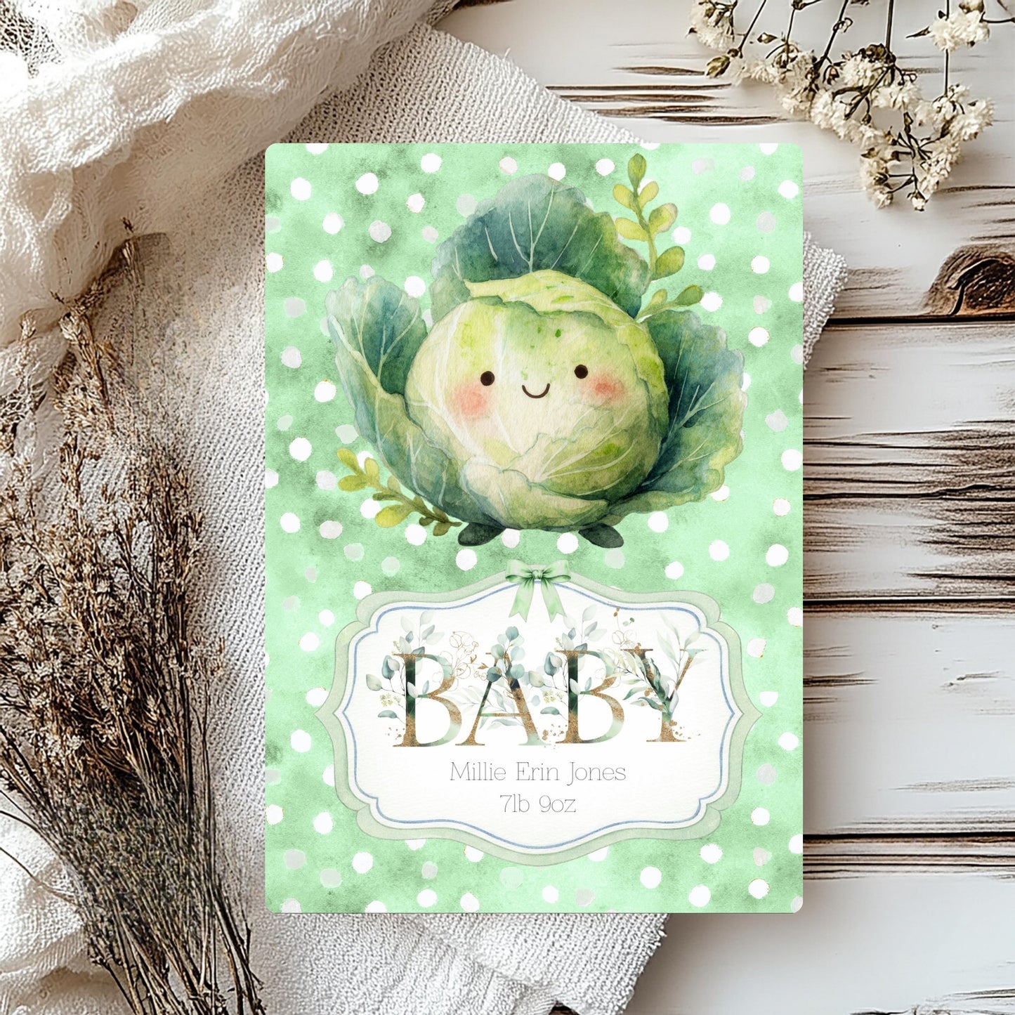 Personalised New Baby Greeting Card with Homegrown Cabbage A5