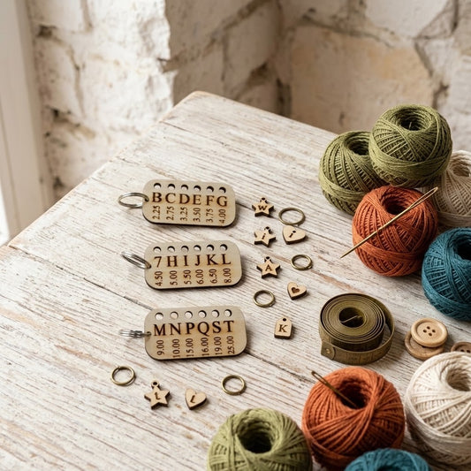 Three wooden alphabet and number hook markers for crochet with metal rings are arranged on a rustic white wooden table alongside colourful balls of yarn, a measuring tape, buttons, and small wooden charms.