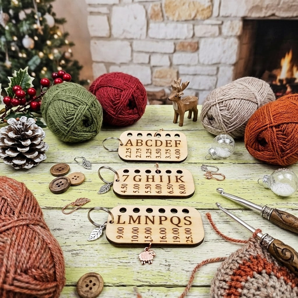 Three engraved wooden crochet hook marker size charts laid out on a rustic green table, surrounded by balls of yarn, crochet hooks, buttons, a small deer figurine, and Christmas decor in front of a fireplace.