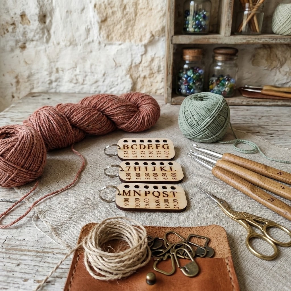 A styled flat-lay of knitting and crochet supplies on a rustic wooden table, including a skein of rust-brown yarn, a ball of sage green yarn, wooden crochet hooks with metal tips, metal scissors, a small leather pouch with jump rings and stitch markers, and two engraved wooden key tags.