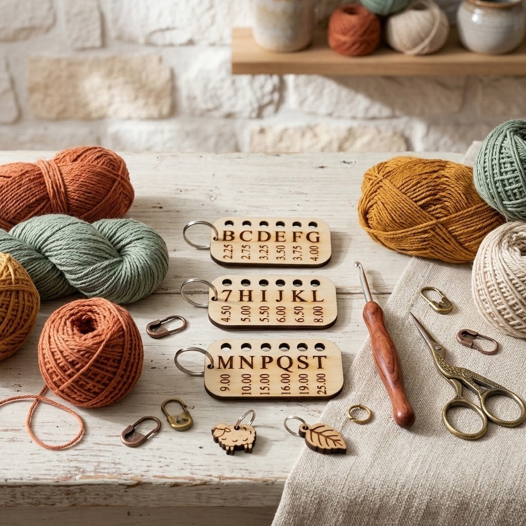 A styled flat-lay of wooden crochet stitch markers with ring loops, arranged on a white rustic table with yarn balls, a crochet hook, scissors, metal clips, and a small wooden animal charm.