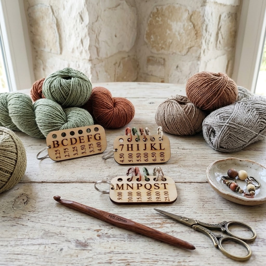 Three engraved wooden crochet hook marker size charts arranged on a rustic white wooden table, surrounded by balls of yarn in sage green, rust brown, and taupe, with a wooden crochet hook and metal scissors in the foreground.