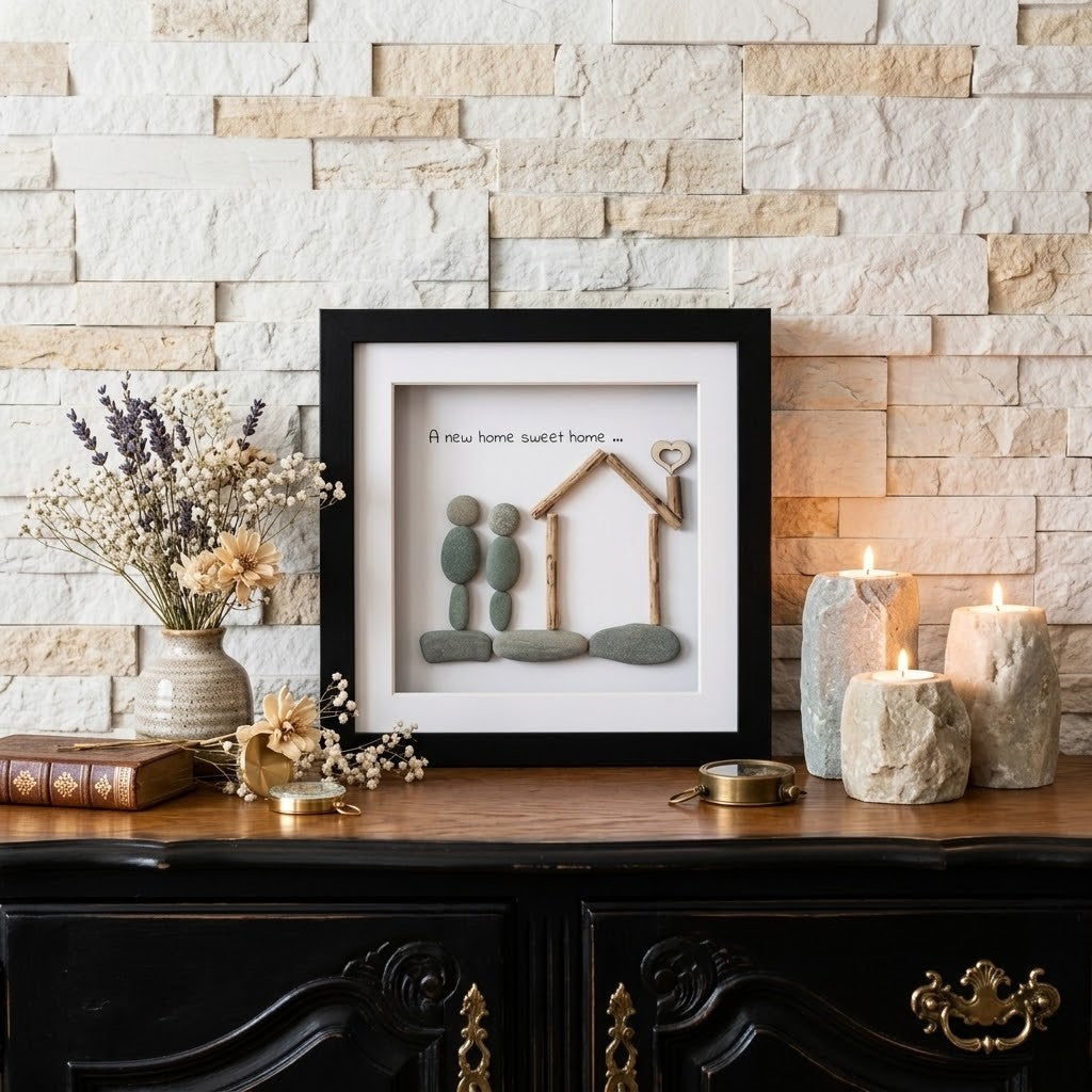 A framed shadow box art piece with a black frame and white mat, featuring a small house and two figures made from natural materials with the text 'A new home sweet home.