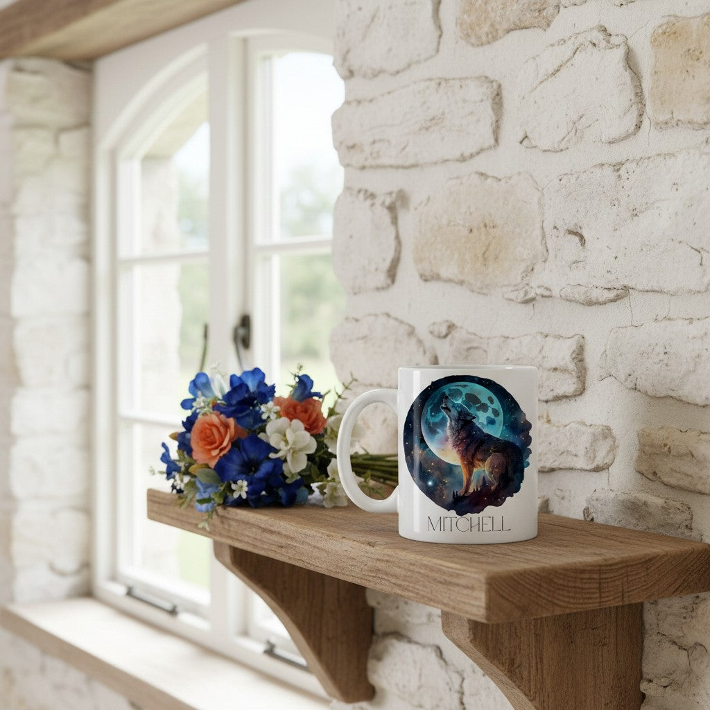 Mug with a colourful wolf design on a wooden shelf against a stone wall.