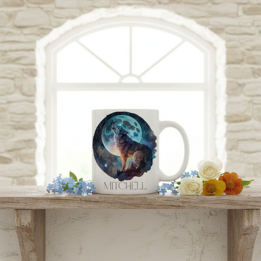 Mug with wolf design on a wooden table with flowers, against a stone wall background