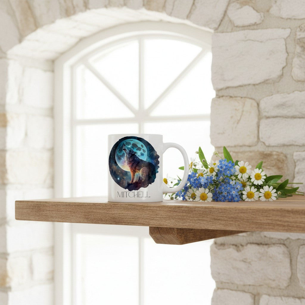 Mug with a wolf design on a wooden shelf with flowers, against a stone wall.