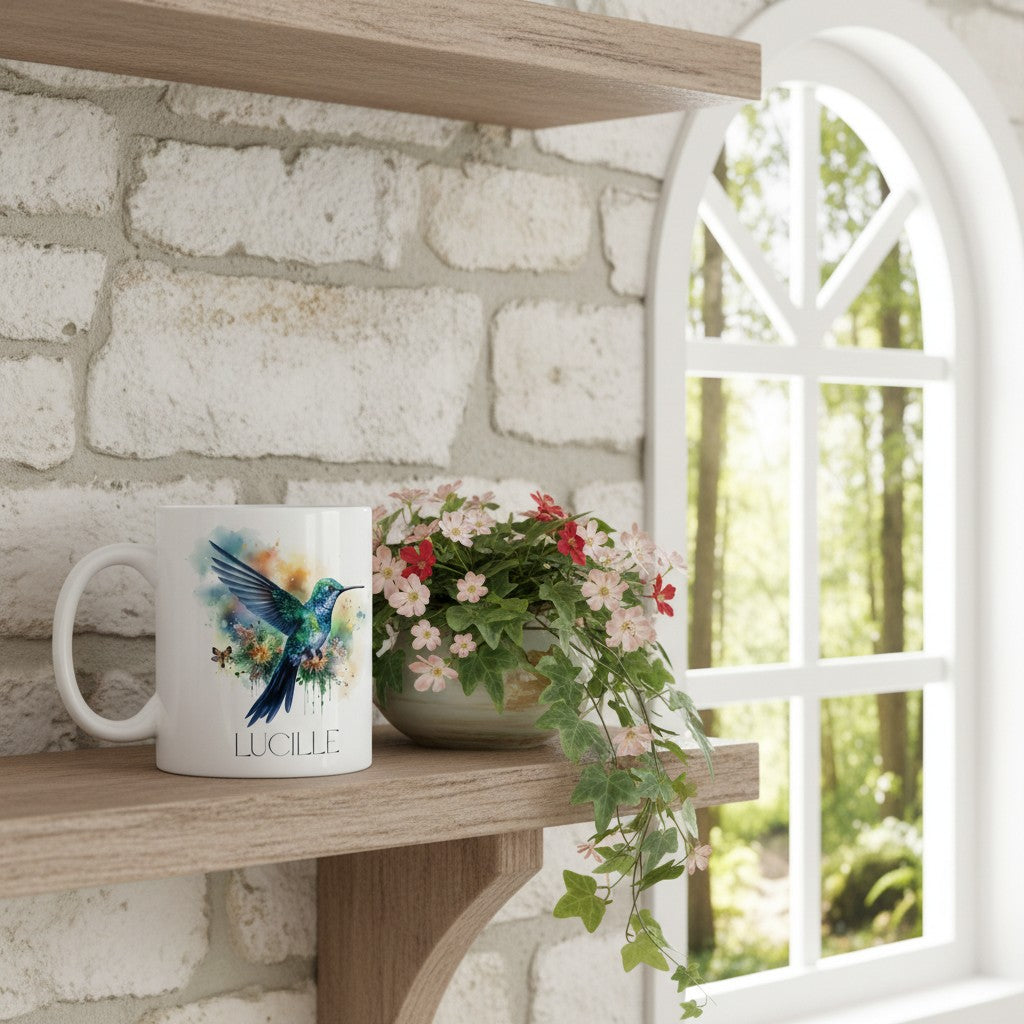 Mug with a colourful bird design on a wooden shelf against a stone wall with a window view.