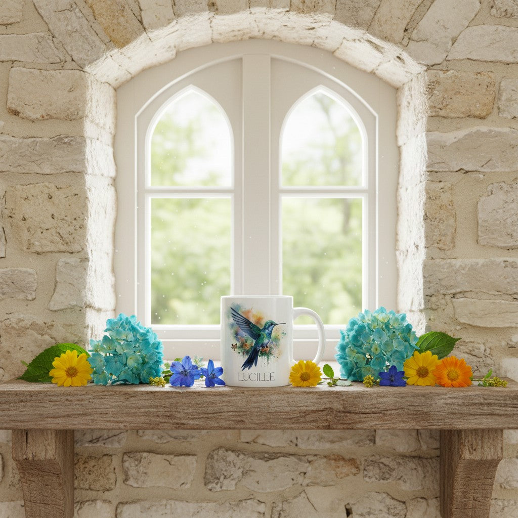 White mug with a colourful design on a wooden surface in front of a stone wall and window.