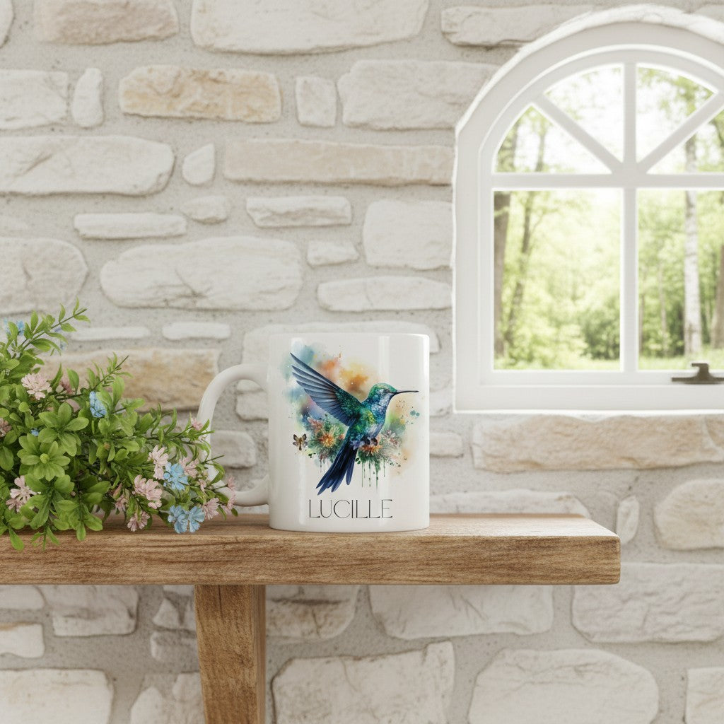 Mug with a hummingbird design on a wooden shelf against a stone wall with a window in the background.