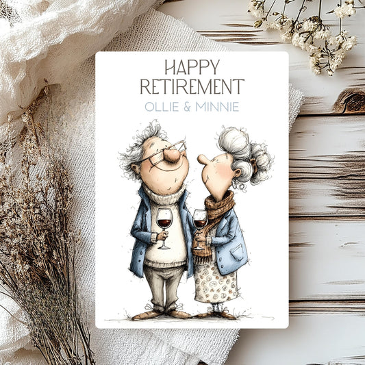 Happy Retirement card with cartoon characters holding wine glasses on a textured surface.
