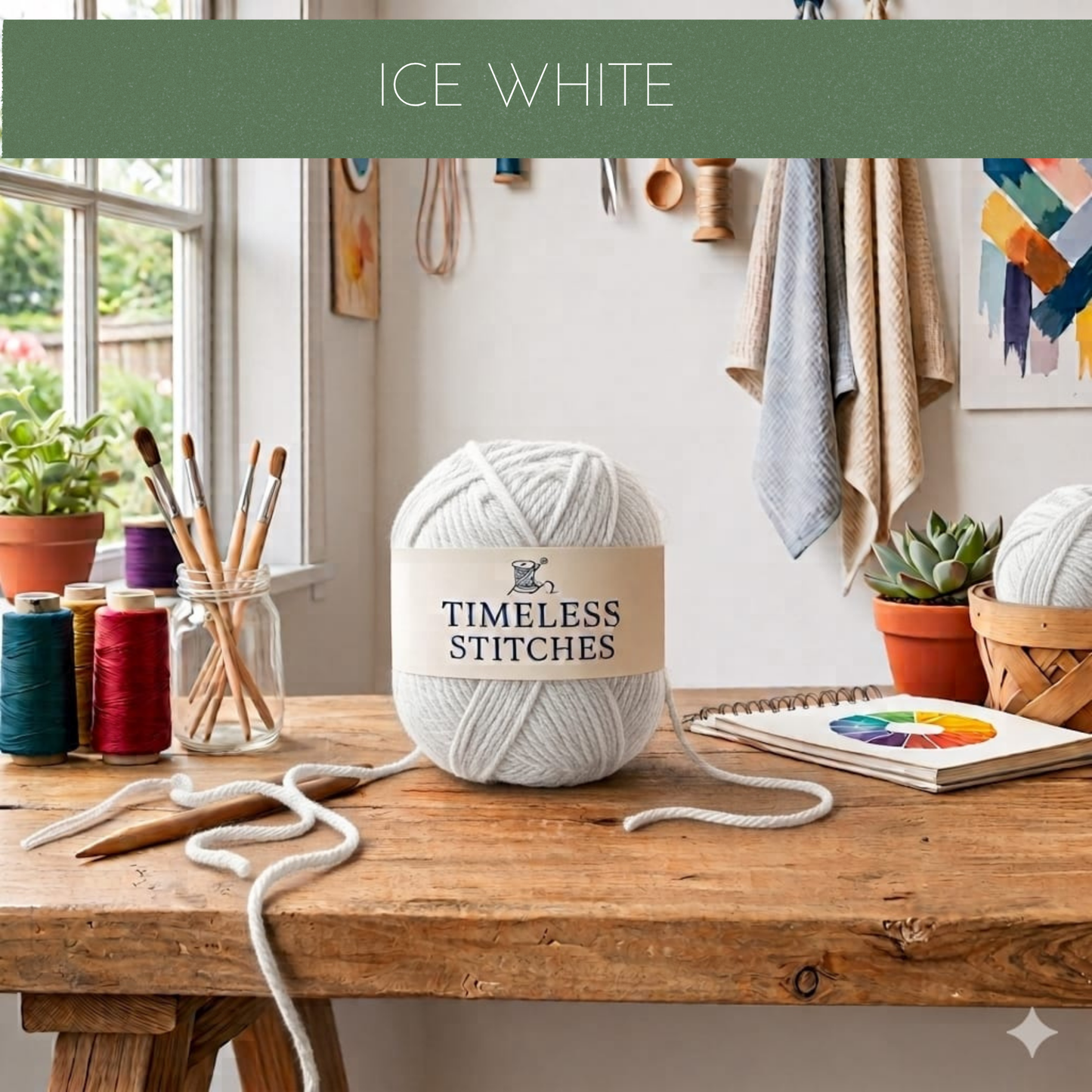 A ball of light ice-white yarn sits on a rustic wooden table in a styled craft room setting, with a green banner at the top reading 'ICE WHITE' and the label 'TIMELESS STITCHES' visible on the yarn wrapper.