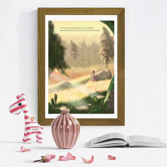 A framed illustration art print depicting  meditating in a forest setting, with a serene landscape and sunlight breaking through the trees. A striped object and a small figurine are also visible in the foreground.