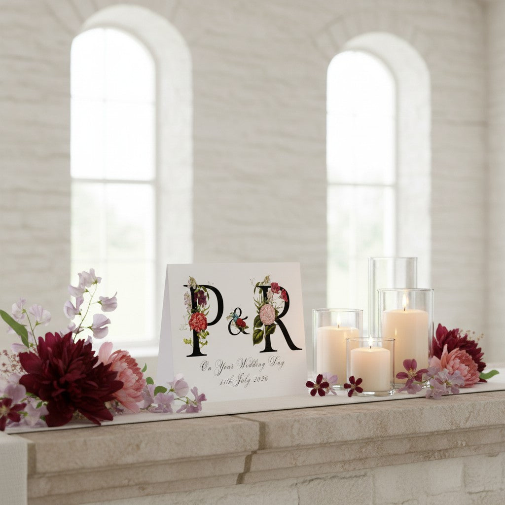 Decorative setup with candles, flowers, and a personalised wedding card on a mantelpiece.