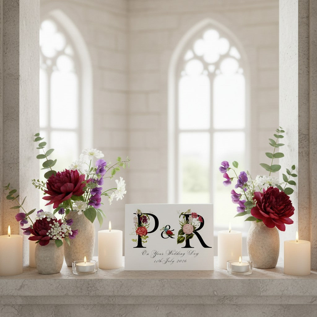 Decorative setup with flowers, candles, and a wedding card with initials in a church setting.
