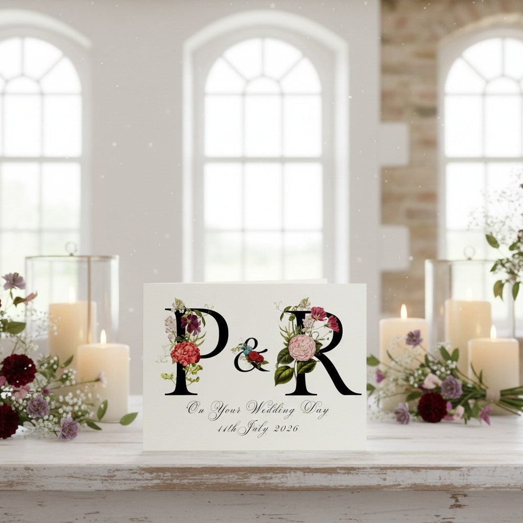 Decorative wedding card with floral initials 'P' & 'R' on a table with candles and flowers.