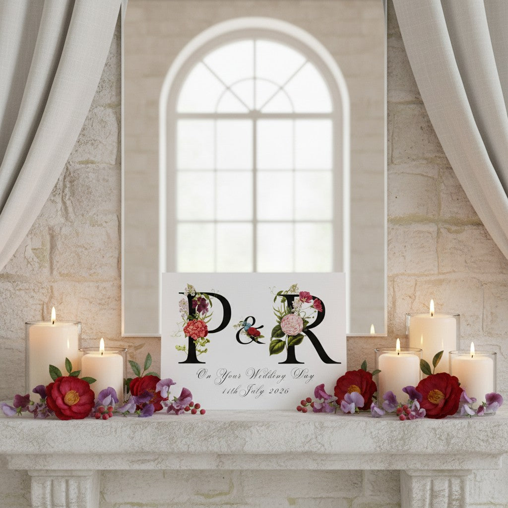 Decorative wedding card with floral initials on a mantelpiece with candles and flowers.