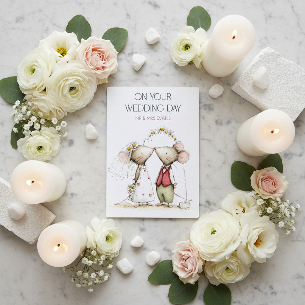 Wedding card with mice illustration surrounded by flowers and candles on a marble surface