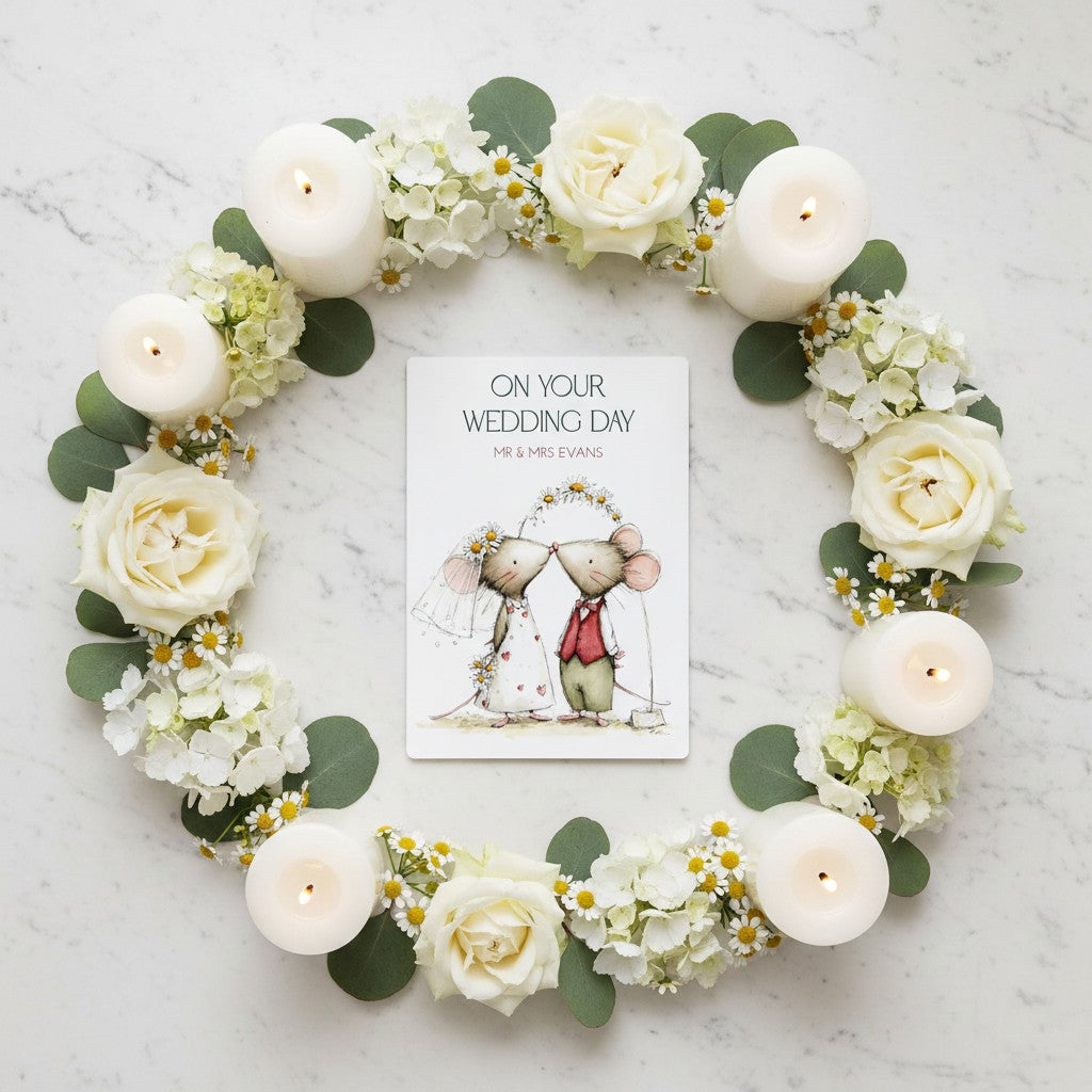 Floral wreath with candles and a wedding card on a marble surface