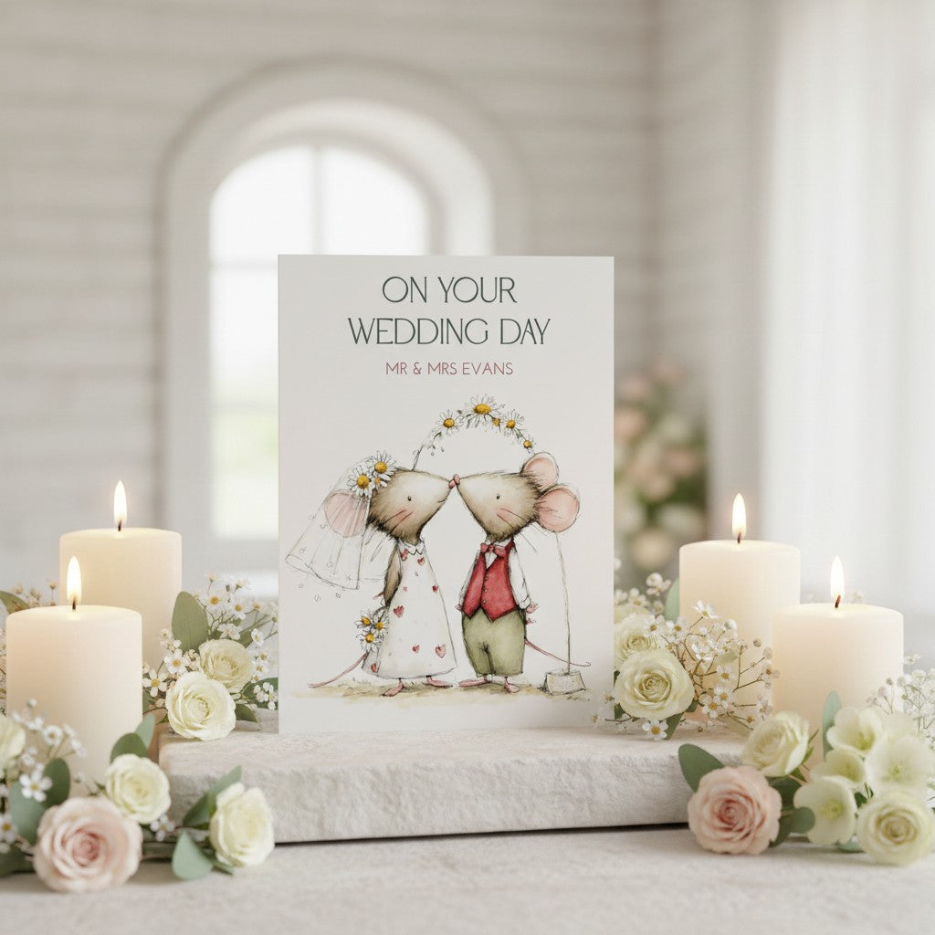 Wedding card with cartoon mice couple surrounded by candles and flowers on a decorative table.