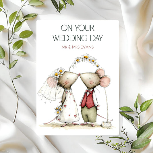 Wedding card with illustrated mice in wedding attire on a white fabric background with green leaves.