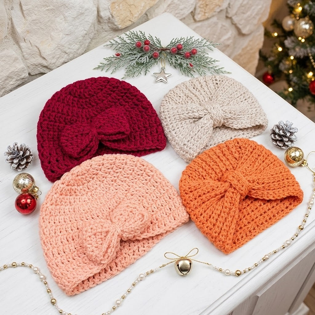 Four crocheted knit bow headbands in red, beige, peach, and orange, arranged on a white table with Christmas decorations including pinecones, ornaments, a green garland, and a lit Christmas tree in the background.