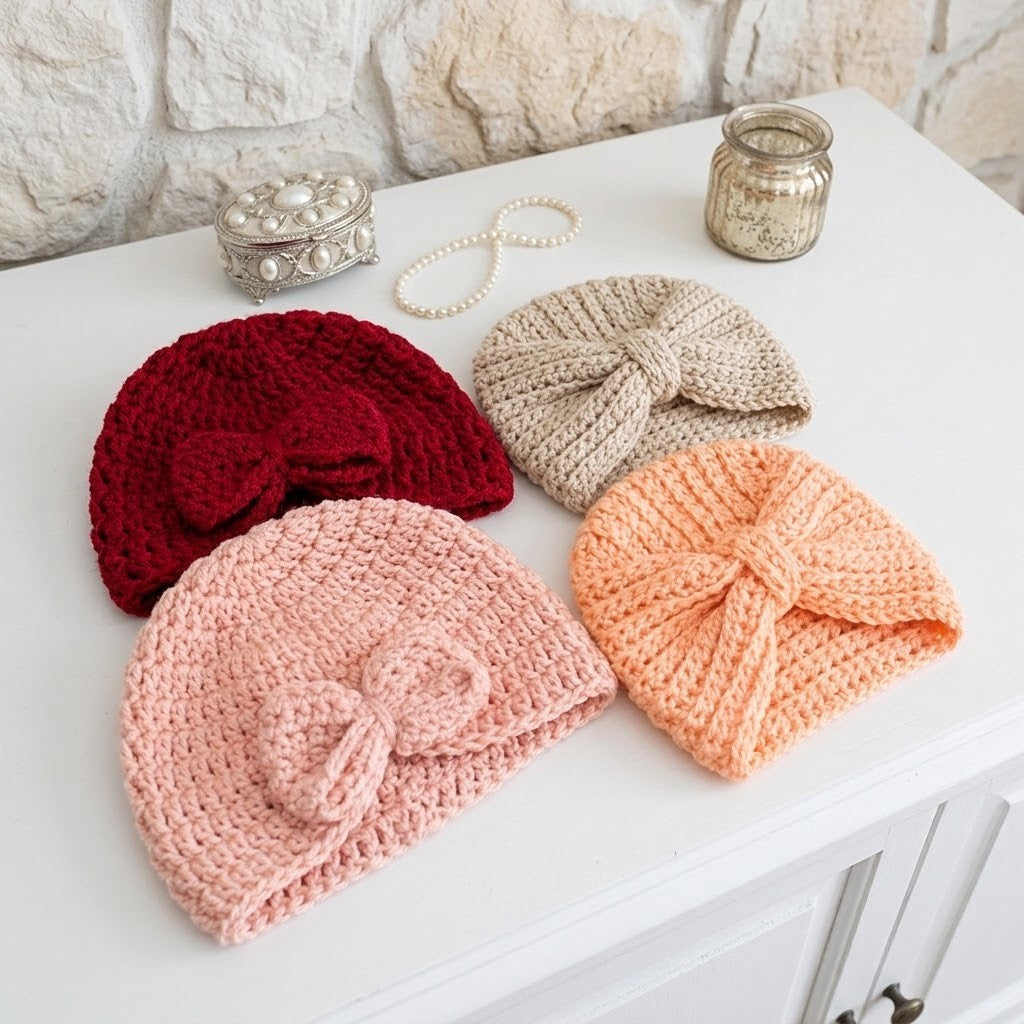 Four knitted baby hats in red, beige, light pink, and peach, arranged on a white table with a stone wall background and decorative props.