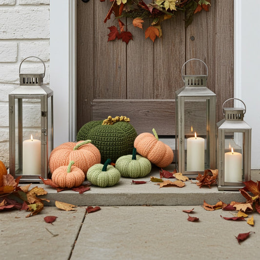 Decorative knitted pumpkins and lanterns on a porch with autumn leaves.