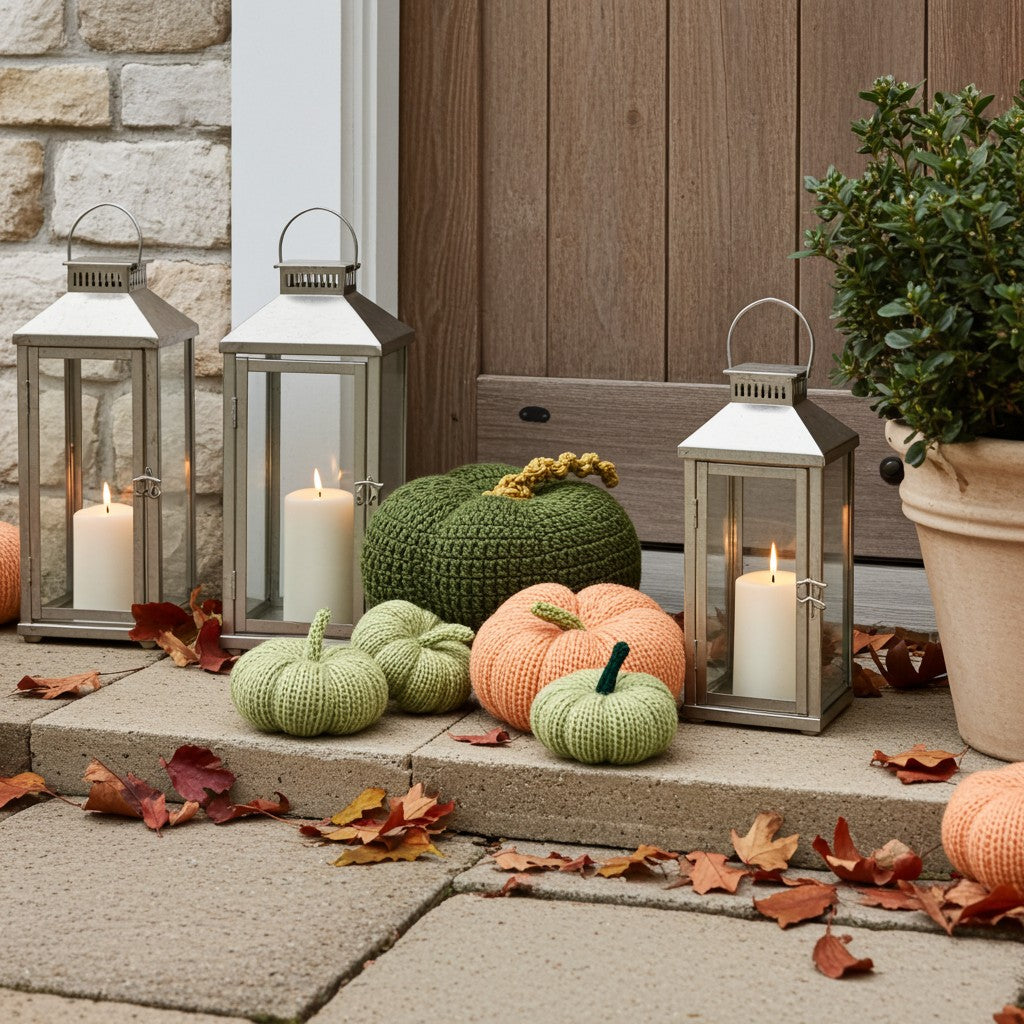 Decorative knitted pumpkins outside a door on a steep with lanterns with candles and autumn leaves.