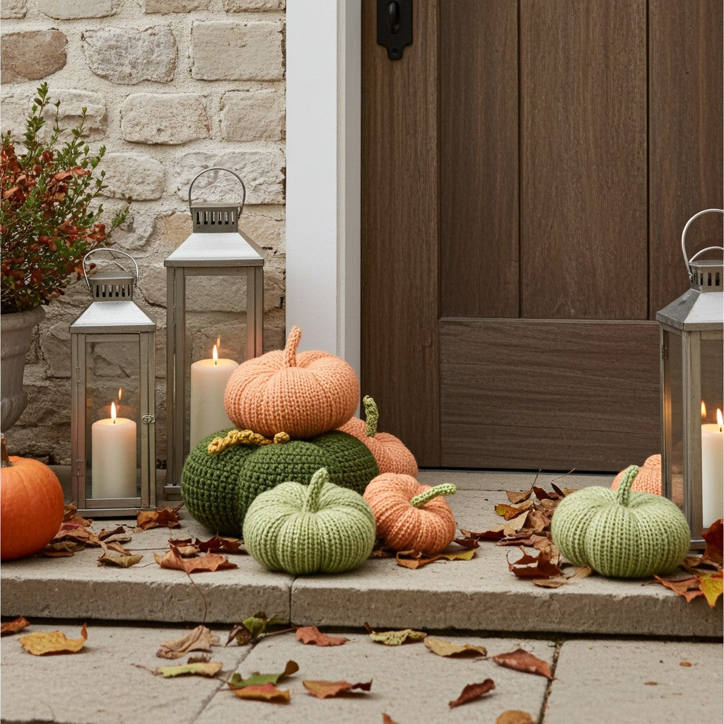 Decorative knitted pumpkins and lanterns on a stone doorstep with a wooden door in the background.