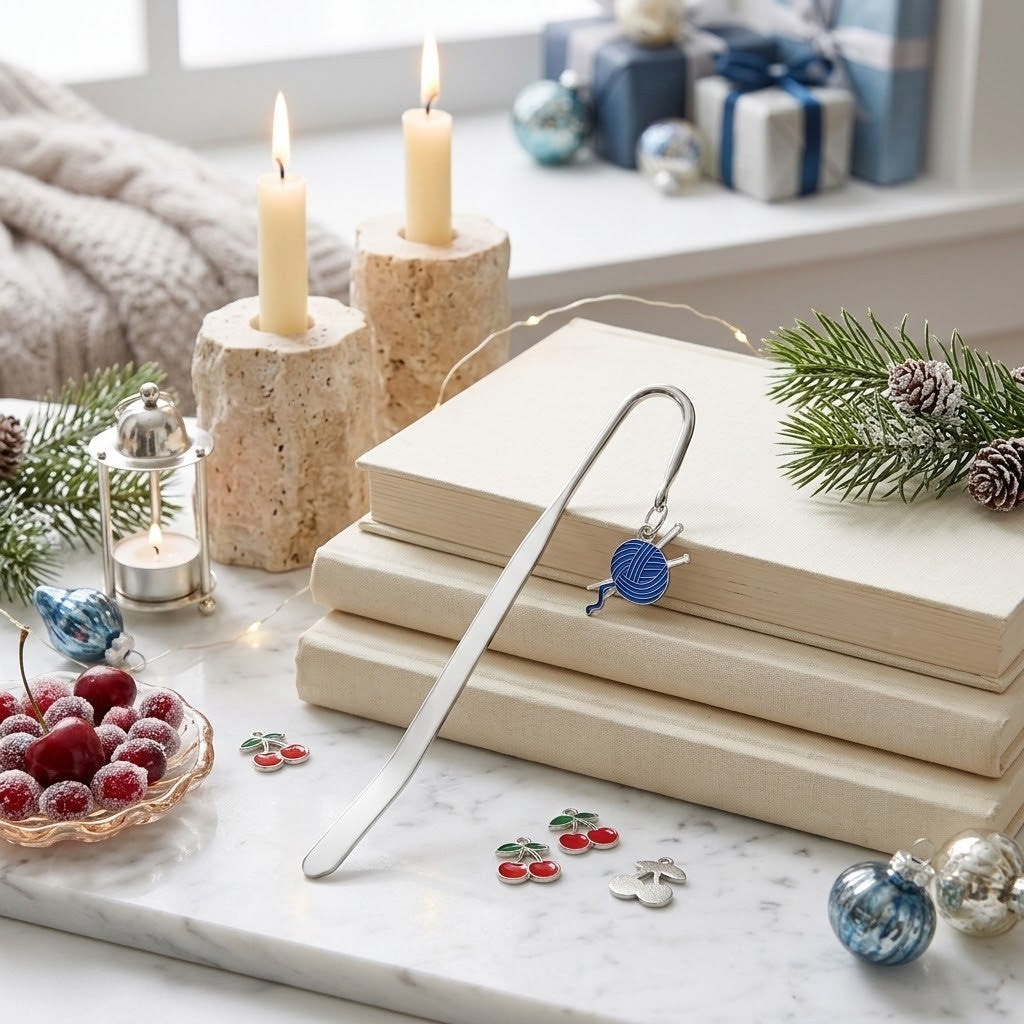 A silver metal bookmark with a blue knitting charm rests on a stack of cream-coloured books on a white marble surface, styled with Christmas decorations including candles, pine branches, and red berries.