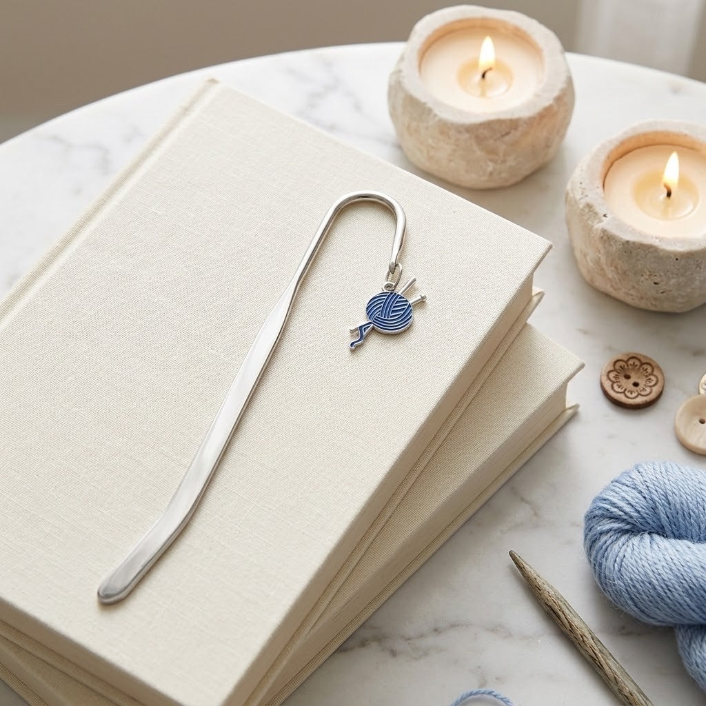 A silver metal bookmark shaped like a blue and white knitted ball with a small person detail, resting on a stack of cream-colored books on a marble surface with candles, yarn, and knitting tools nearby.