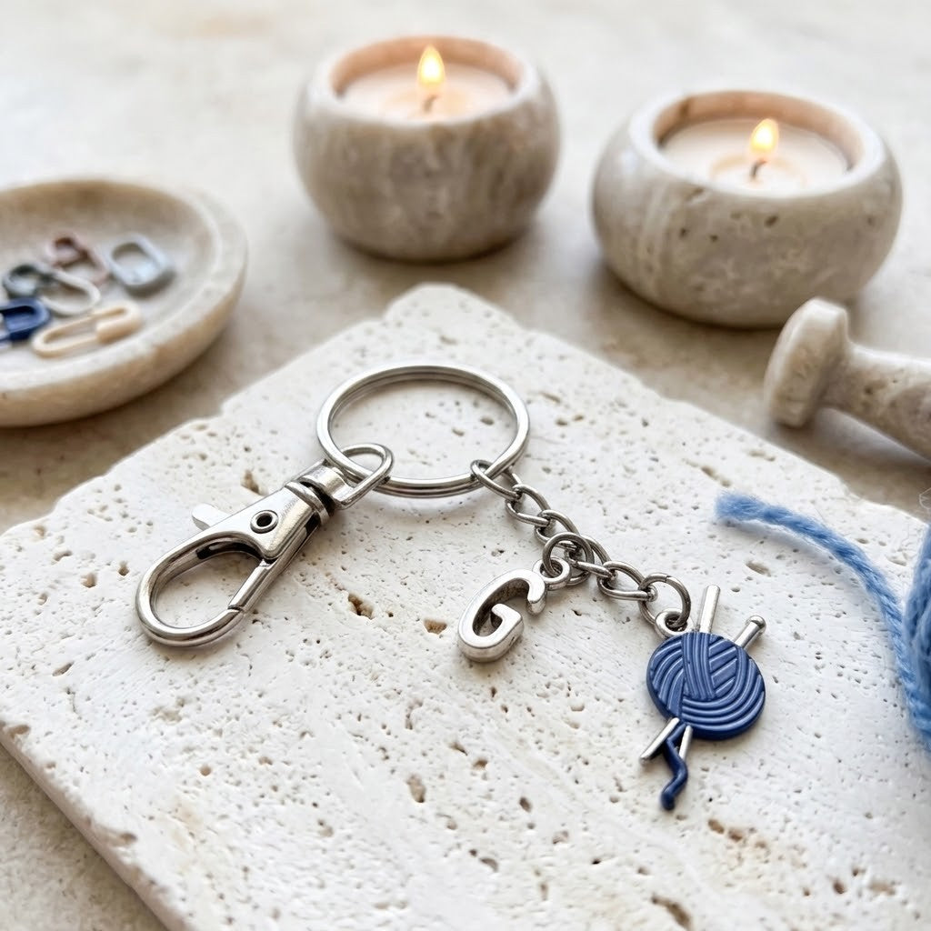 A silver-toned metal keychain with a lobster clasp, a small letter charm, and a blue ball-of-yarn charm with knitting needles, displayed on a textured stone tile with candles in the background.