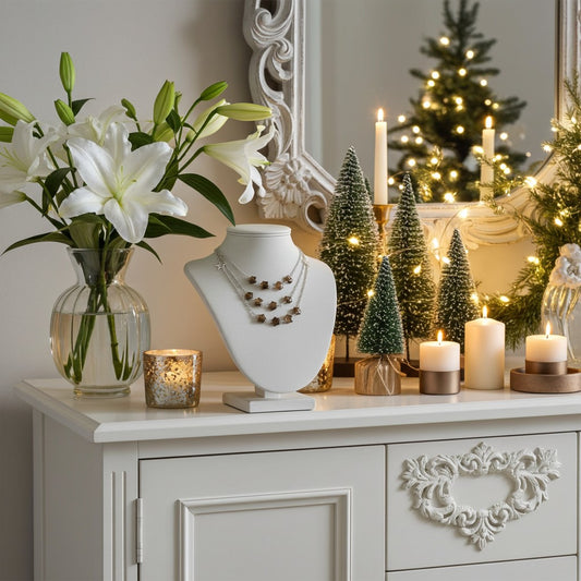 Decorative setting with a vase of white lilies, candles, and a Labradorite necklace on jewellery display on a cabinet.