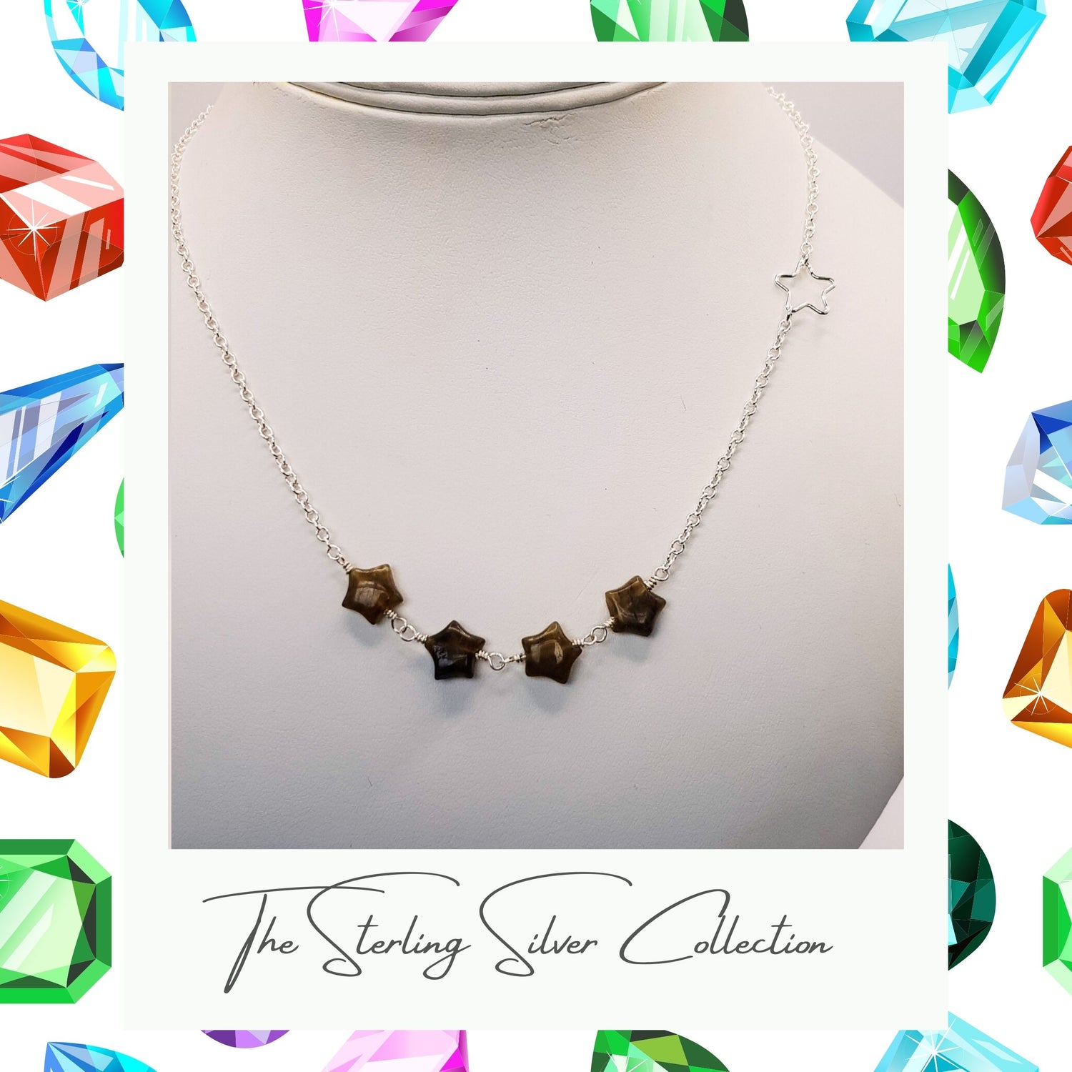 Single labradorite necklace on a necklace stand with sterling silver collection text.