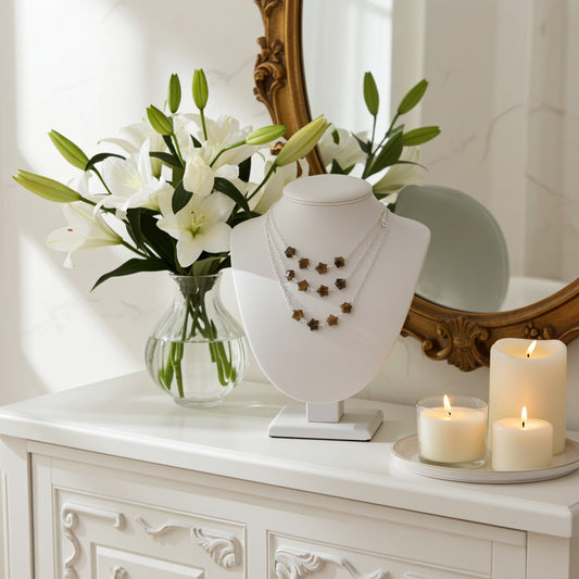 Labradorite Necklace on a white stand with candles and flowers on a white surface