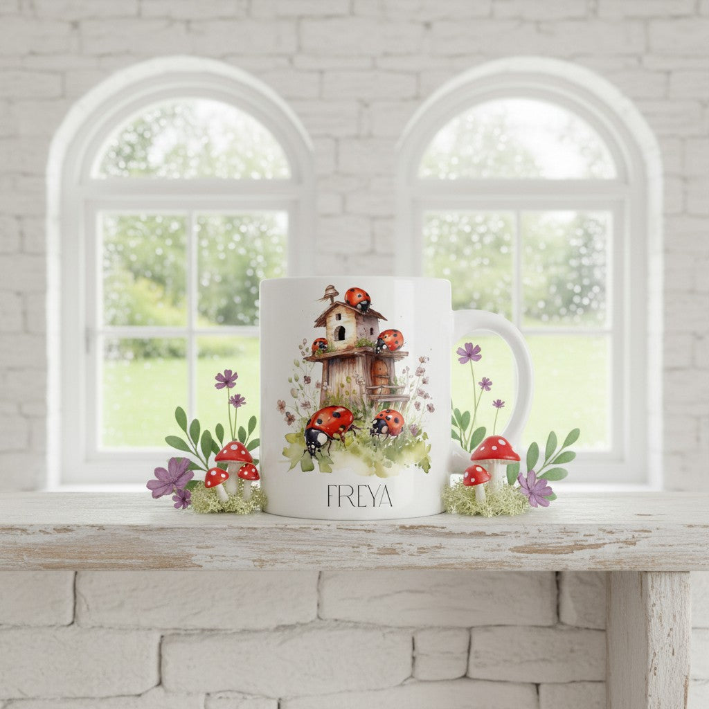 Ceramic mug with a design of a birdhouse, ladybugs, and mushrooms on a white brick wall background.