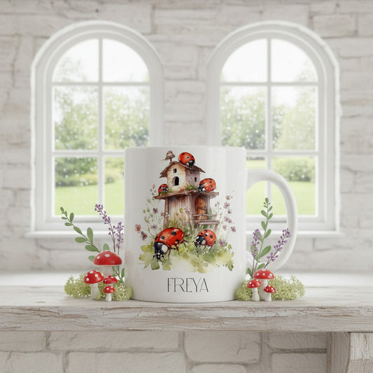 White mug with nature-themed design featuring ladybugs and a birdhouse, placed on a windowsill.