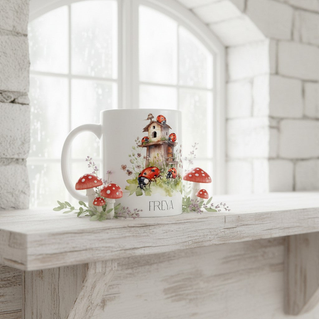 Mug with a ladybird house and mushroom design on a wooden surface with a window in the background