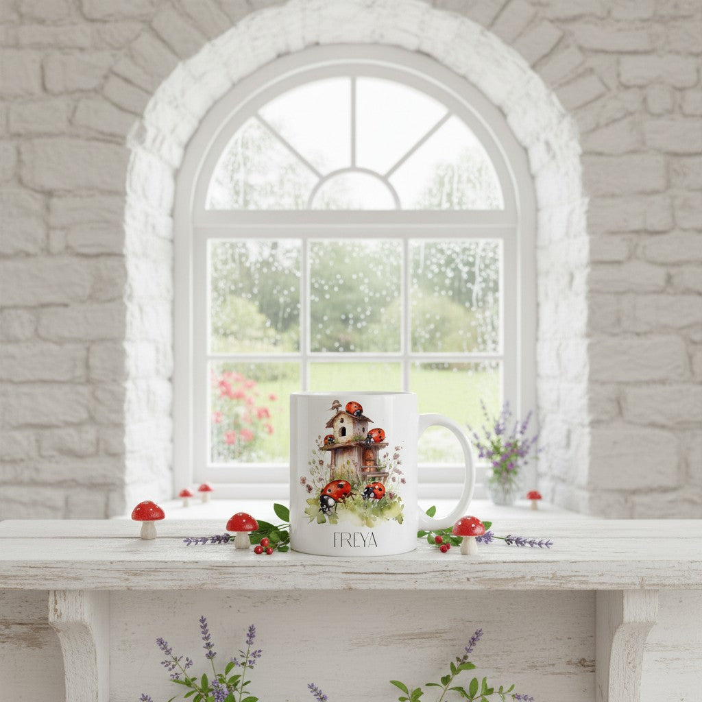 White mug with a decorative ladybird design on a white surface in front of a window.
