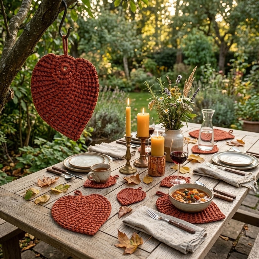 A rustic outdoor dining table set in a garden with autumnal decor, featuring a prominent textured terracotta red crocheted leaf-shaped hanging and matching placemats.