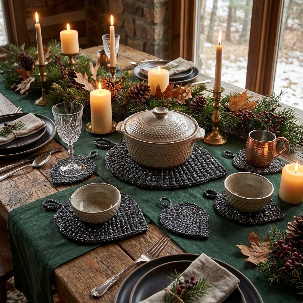 A styled Christmas dining table setting with a dark green table runner, textured dark grey placemats, ceramic bowls and a lidded casserole dish, lit candles, pine garlands, and a rustic wood table in a cosy indoor setting.