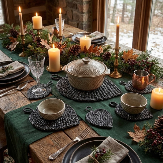 A styled Christmas dining table setting with a dark green table runner, textured dark grey placemats, ceramic bowls and a lidded casserole dish, lit candles, pine garlands, and a rustic wood table in a cosy indoor setting.